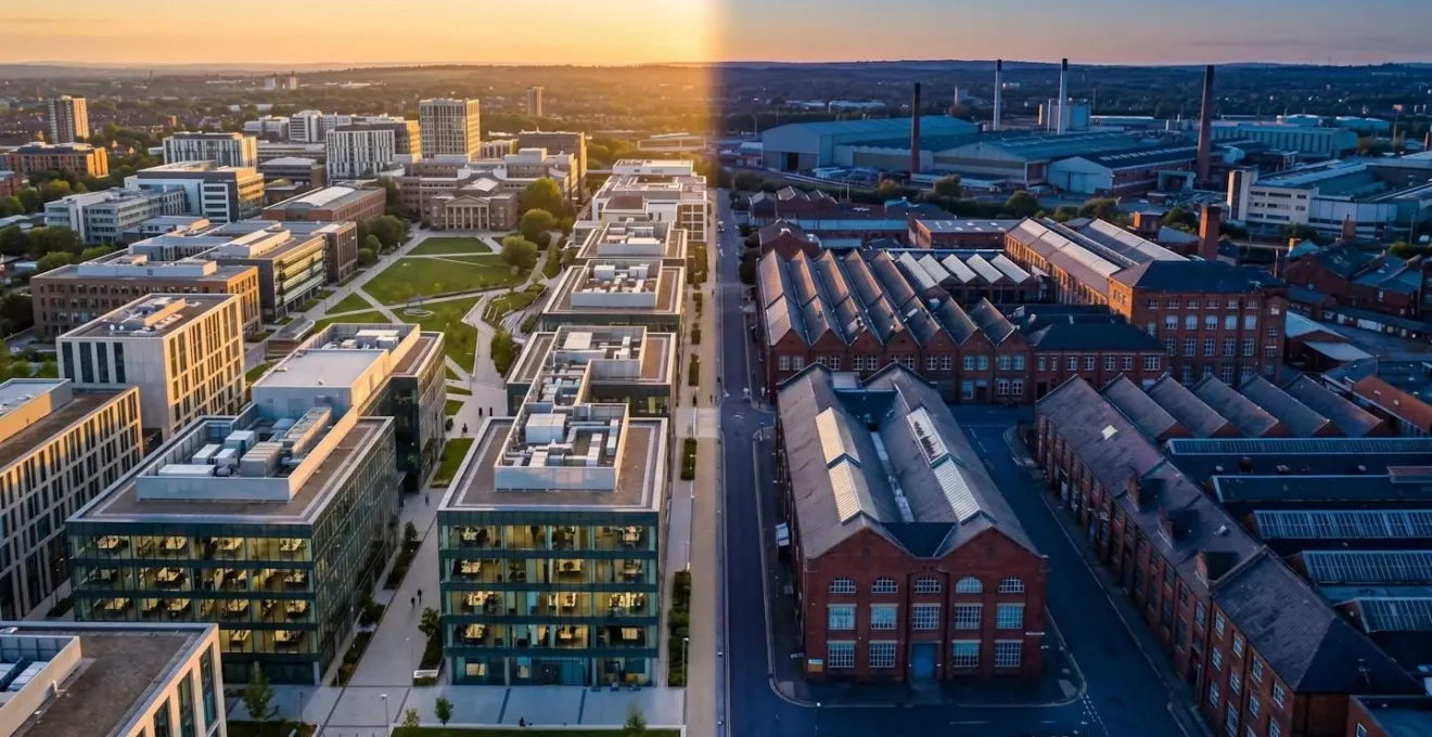 Vista aerea comparativa di poli tecnologici e universitari tra Bologna e Torino