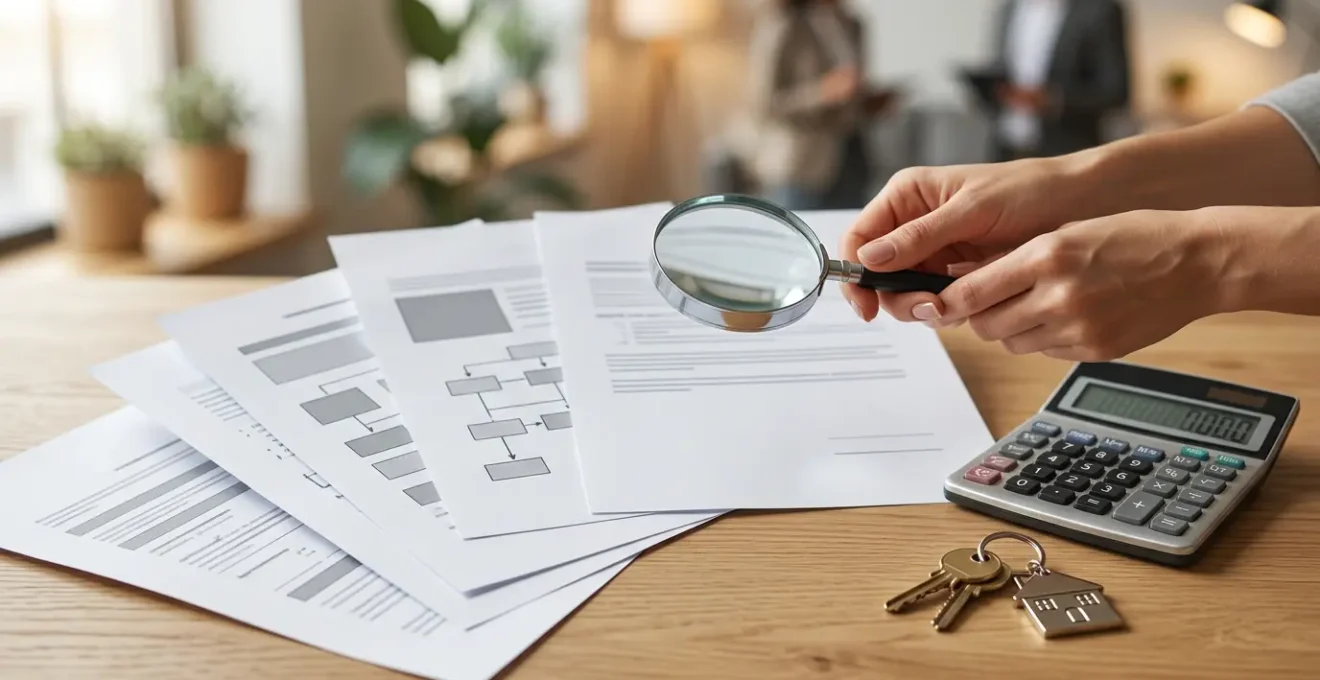Professionista immobiliare analizza documenti assicurativi con calcolatrice e chiavi di casa sul tavolo