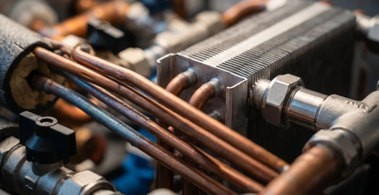 Sistema ibrido pompa di calore e caldaia a condensazione installato in un locale tecnico moderno