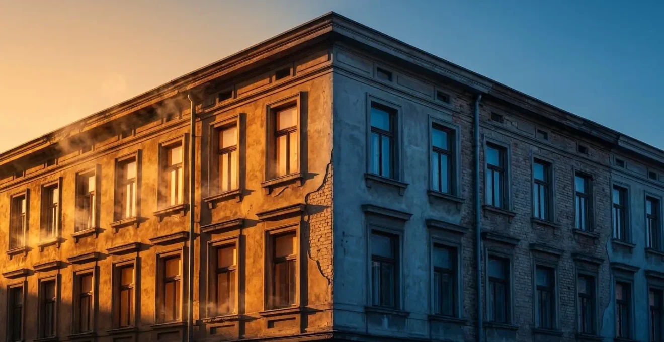 Sezione trasversale di un edificio che mostra appartamenti con diverse esposizioni solari e dispersioni termiche