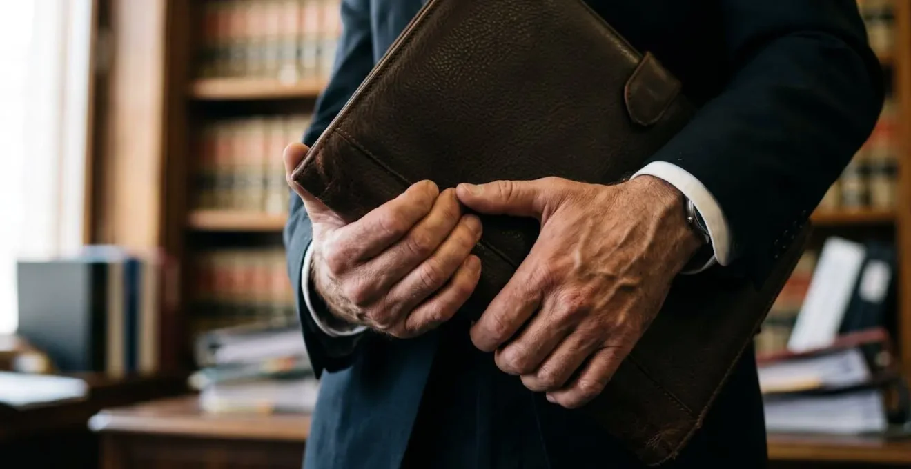 Mani di professionista che tengono una cartella chiusa con documenti legali