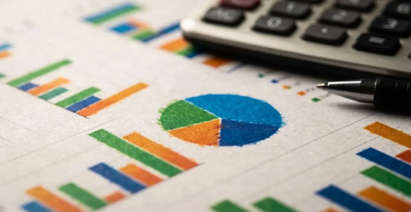Vista macro di un foglio di calcolo strutturato per il cash flow immobiliare con grafici colorati