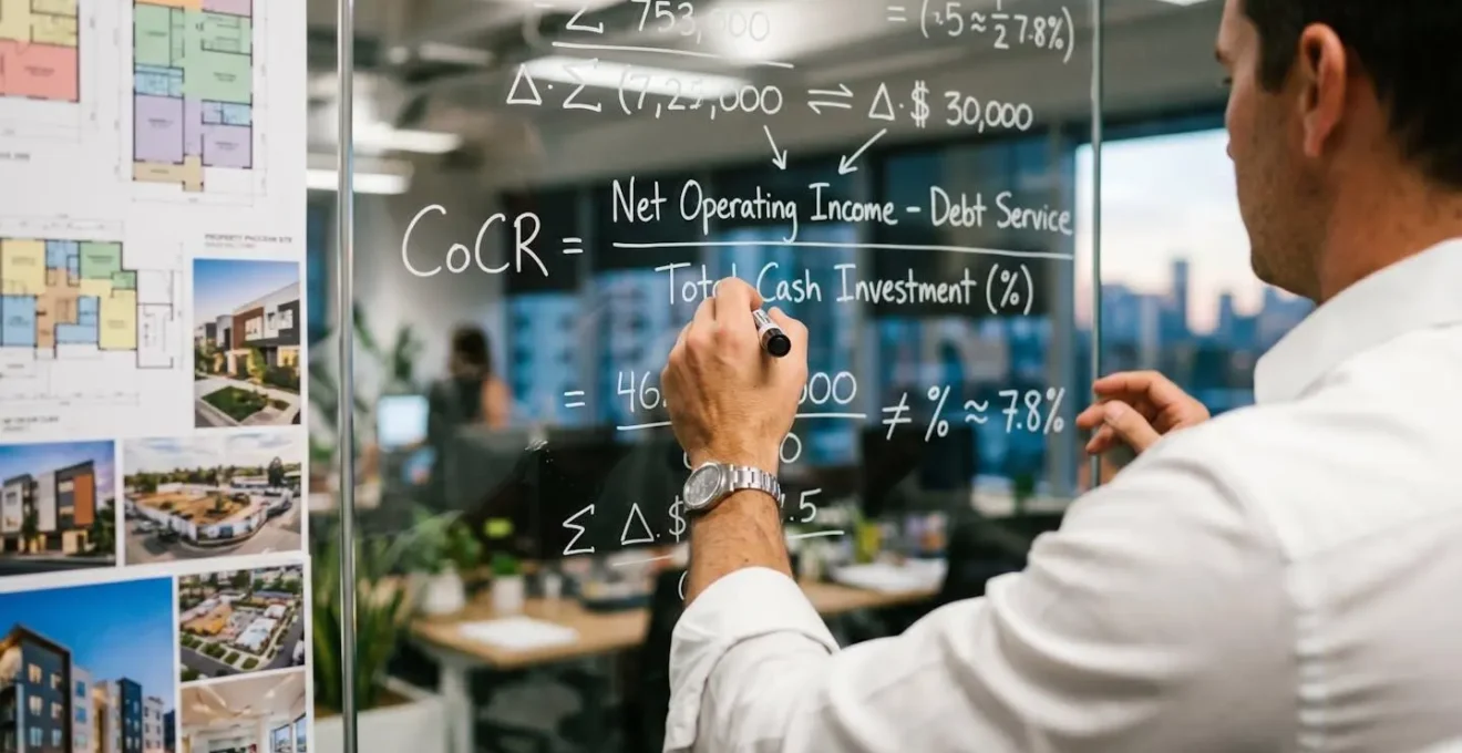Formule matematiche per calcolo Cash-on-Cash Return su lavagna con grafici finanziari