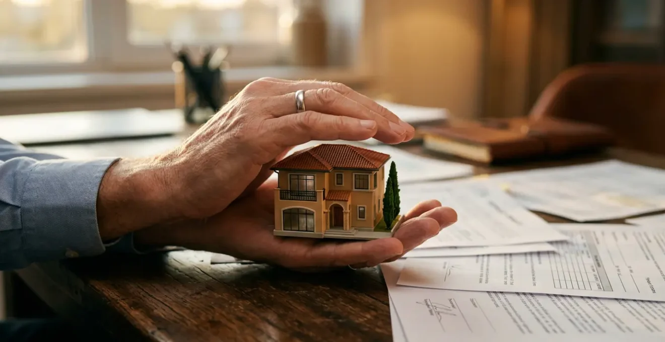 Mano che protegge una casa miniatura con documenti finanziari sfocati sullo sfondo