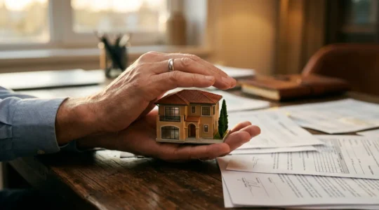 Mano che protegge una casa miniatura con documenti finanziari sfocati sullo sfondo