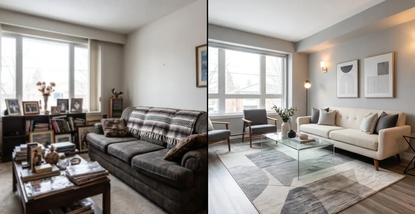 Confronto visivo di soggiorno prima e dopo intervento di home staging professionale