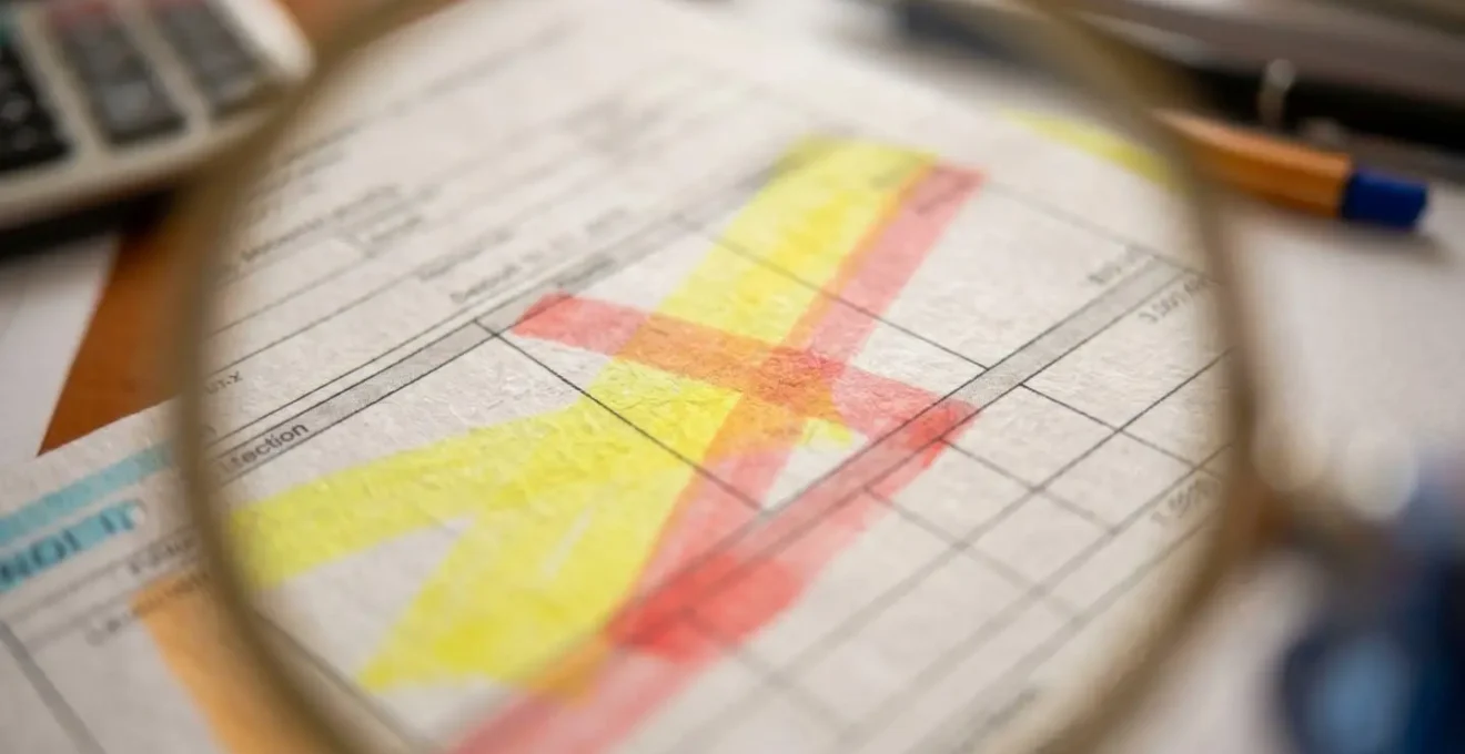 Primo piano di documenti di visura ipotecaria con evidenziazioni colorate