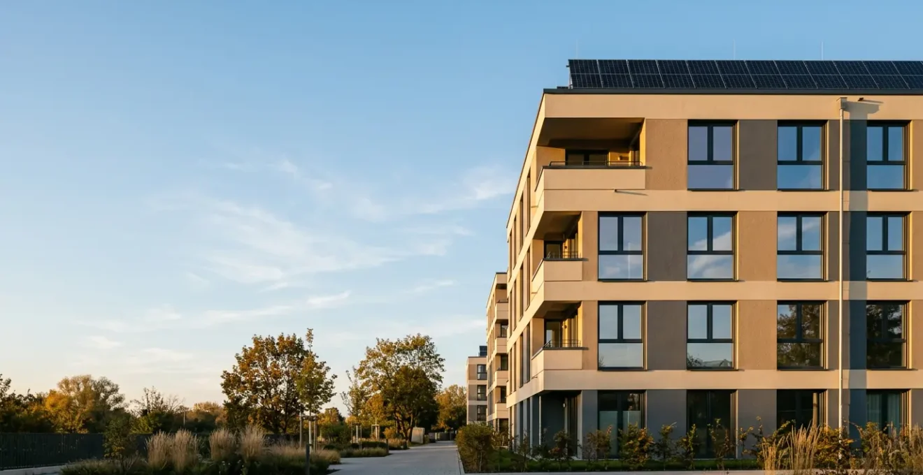 Vista ravvicinata di un edificio residenziale con cappotto termico e pannelli solari, che mostra gli interventi di riqualificazione energetica