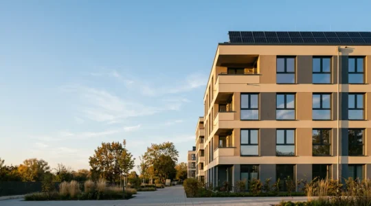 Vista ravvicinata di un edificio residenziale con cappotto termico e pannelli solari, che mostra gli interventi di riqualificazione energetica