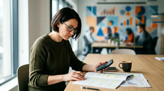 Persona che analizza documenti di mutuo con calcolatrice e grafici finanziari