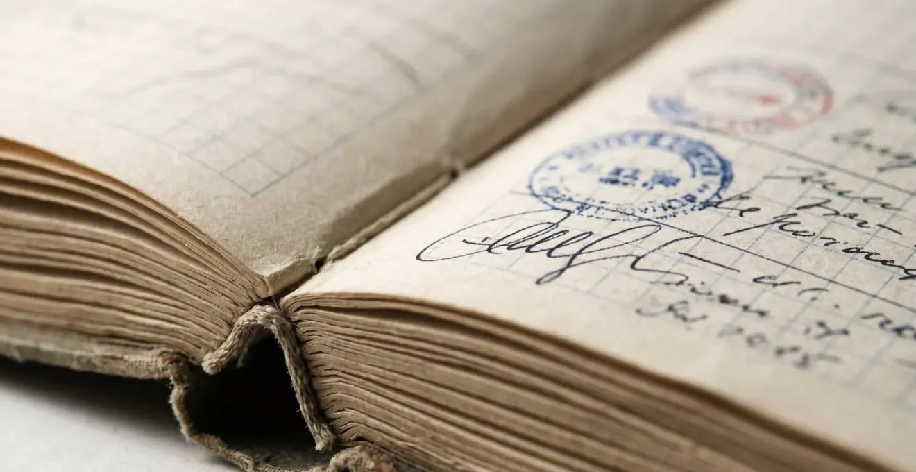 Vista macro di un libretto d'impianto aperto con pagine che mostrano timbri e annotazioni tecniche sfocate