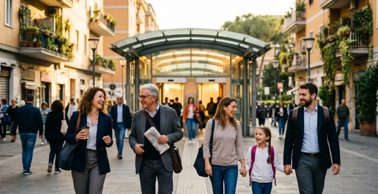 Vista aerea di un quartiere italiano con stazione metropolitana e sviluppo urbano circostante