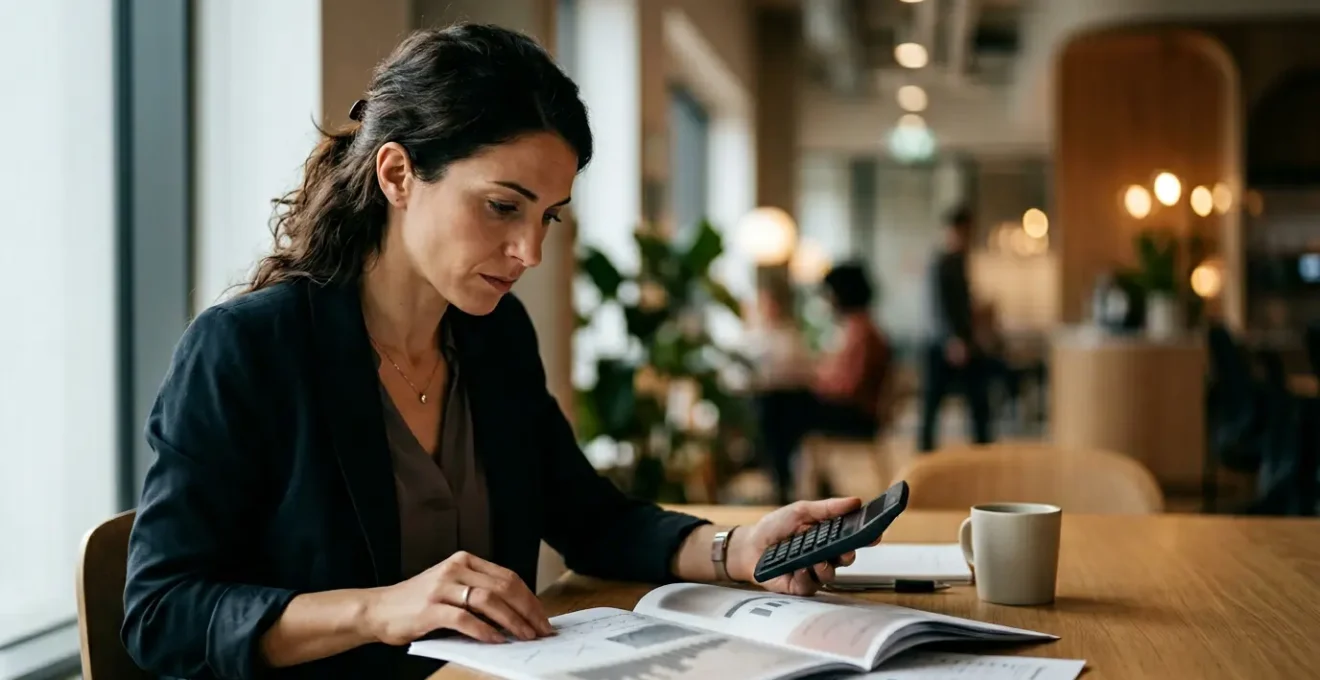 Professionista analizza documenti finanziari con calcolatrice e grafici dei tassi di interesse