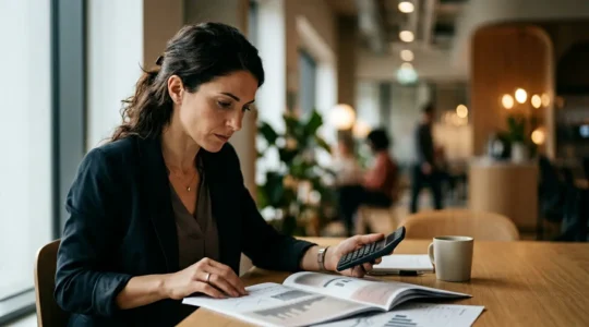 Professionista analizza documenti finanziari con calcolatrice e grafici dei tassi di interesse