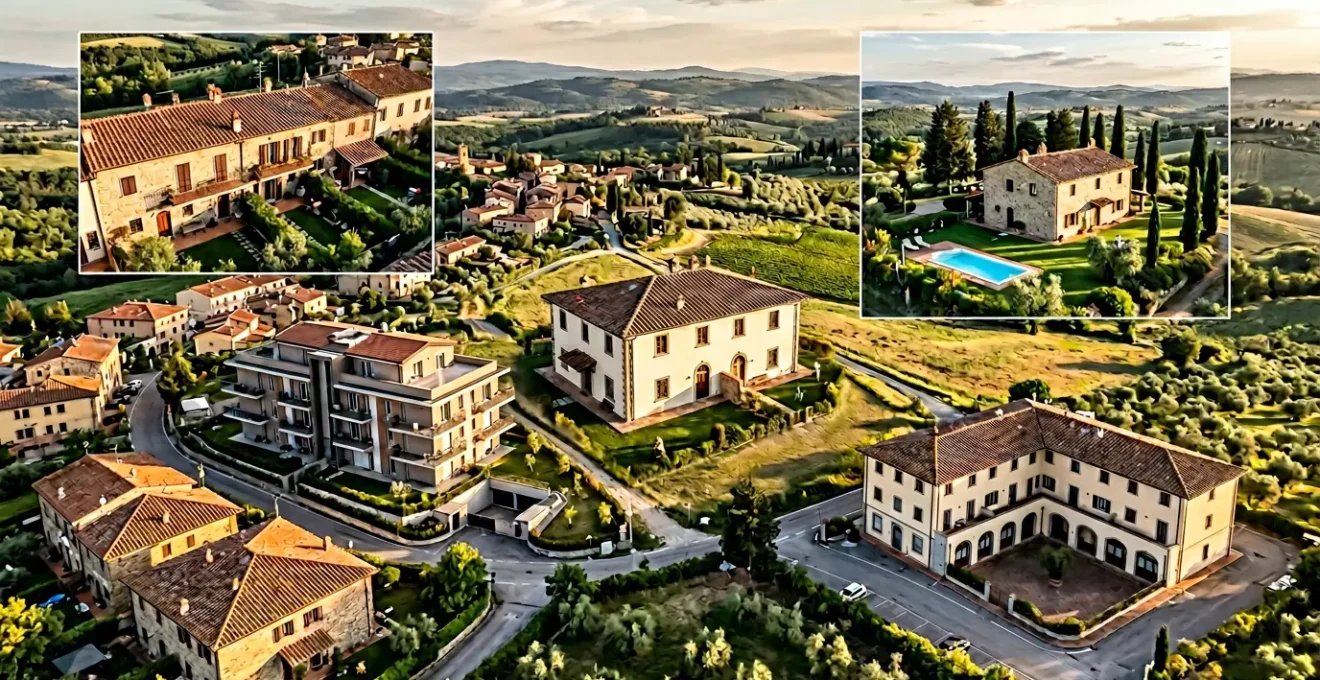 Vista panoramica di un portafoglio immobiliare diversificato con edifici residenziali e simboli finanziari