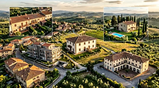 Vista panoramica di un portafoglio immobiliare diversificato con edifici residenziali e simboli finanziari