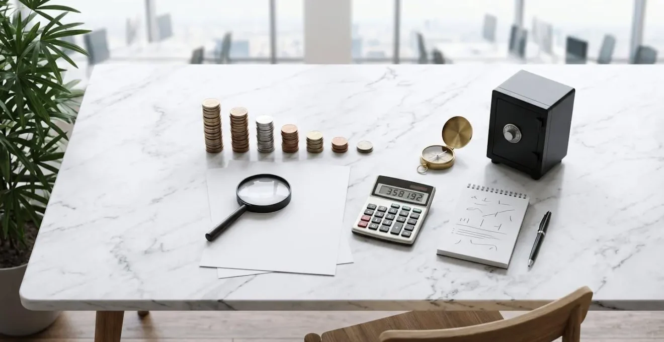 Strumenti investigativi come una lente d'ingrandimento su documenti per simboleggiare la ricerca dei beni pignorabili del debitore