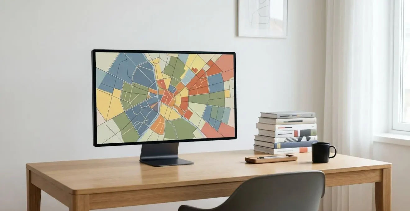 Schermata di geoportale comunale con mappe di zonizzazione urbanistica visualizzate su monitor