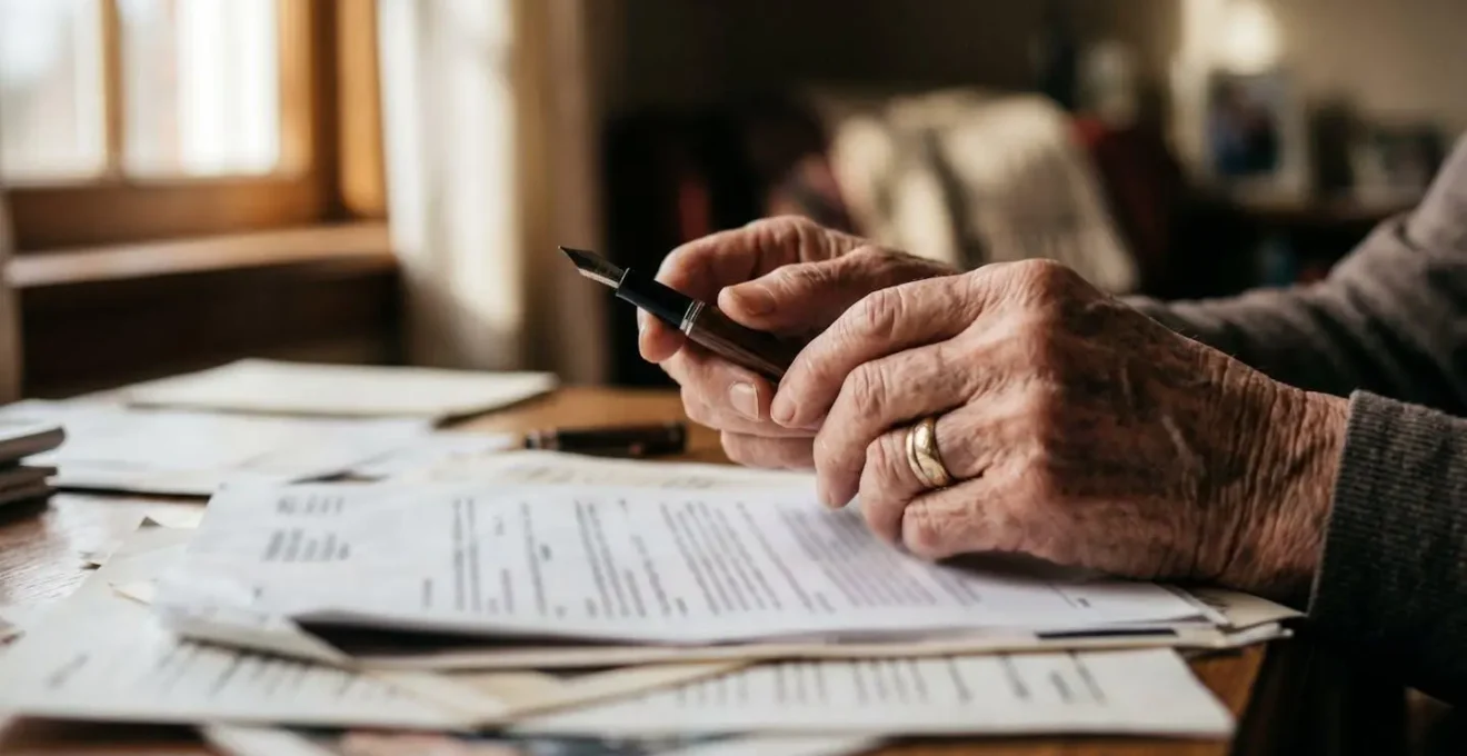 Mani anziane che esitano prima di firmare un documento importante con penna stilografica