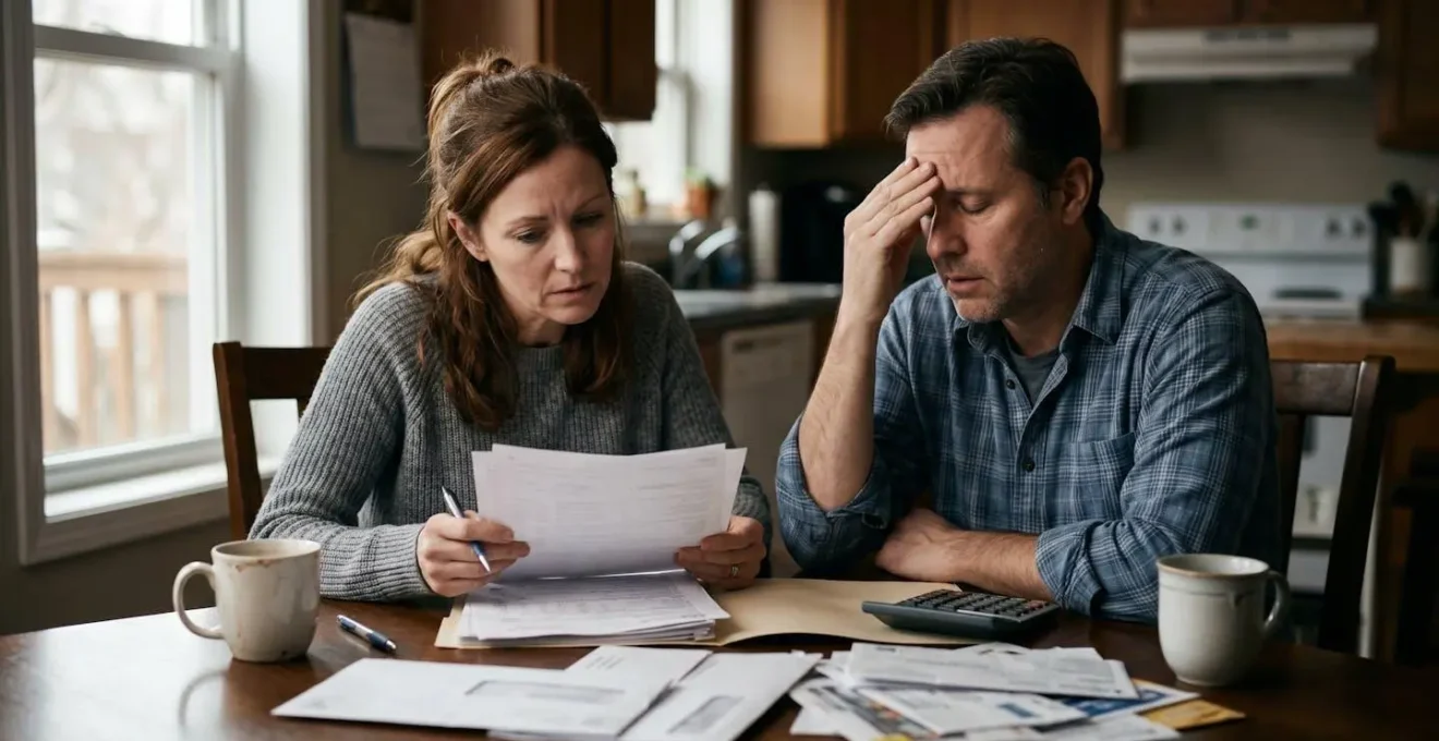 Una coppia preoccupata esamina documenti finanziari al tavolo della cucina, simbolo dello stress legato all'aumento della rata del mutuo a tasso variabile.