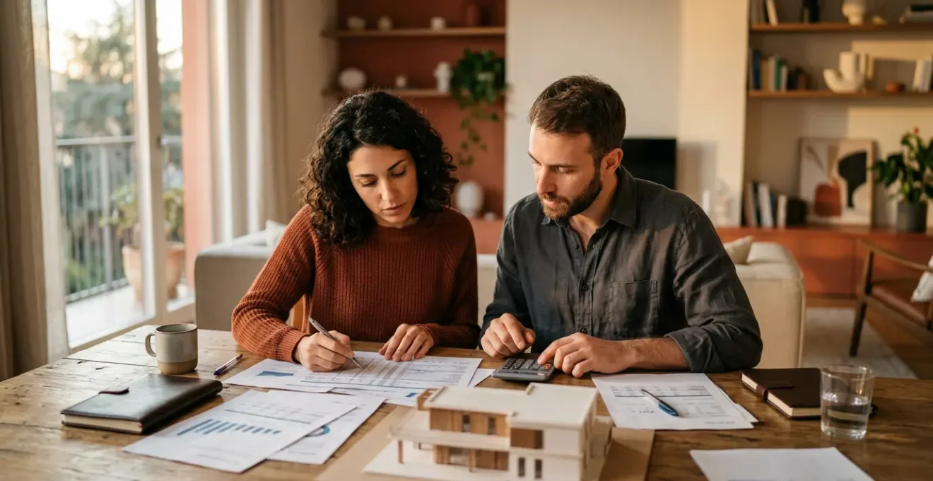 Coppia italiana che analizza documenti finanziari con modello architettonico di casa sul tavolo