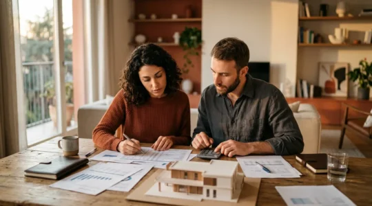 Coppia italiana che analizza documenti finanziari con modello architettonico di casa sul tavolo