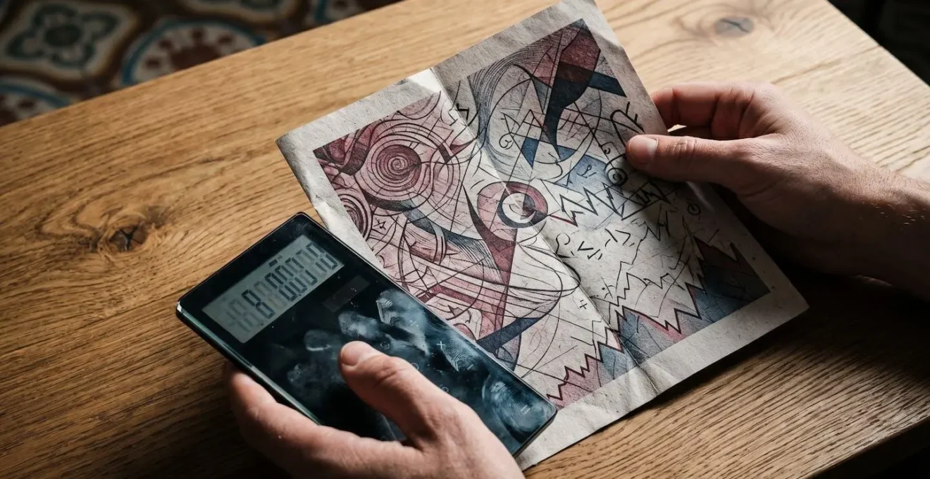 Mani che tengono documenti finanziari con grafici e calcolatrice su tavolo di legno