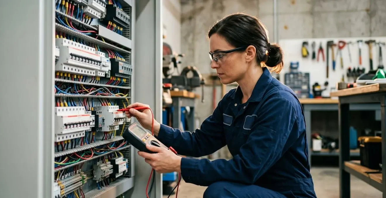 Tecnico specializzato che ispeziona un quadro elettrico moderno con strumenti professionali