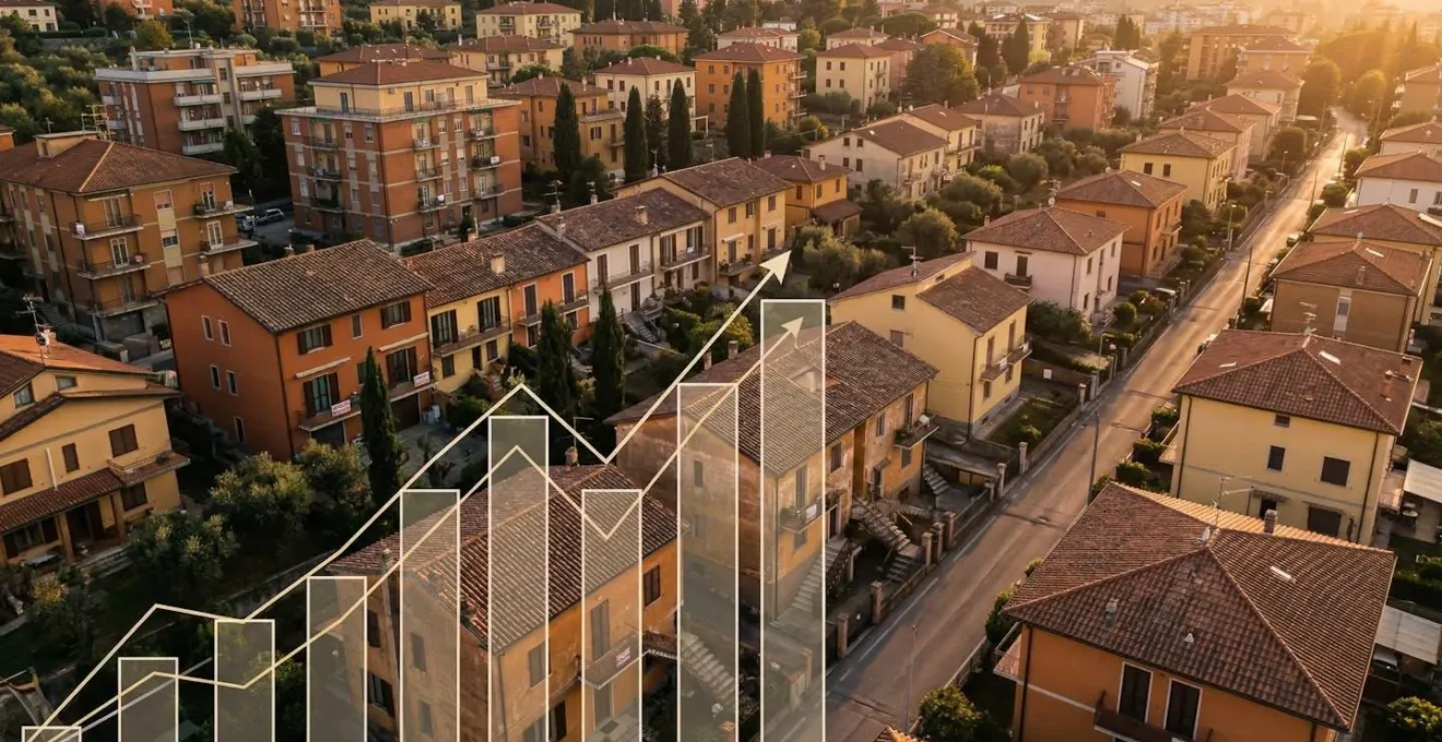 Vista aerea di quartiere residenziale italiano con cartelli vendesi, grafico prezzi sovrapposto