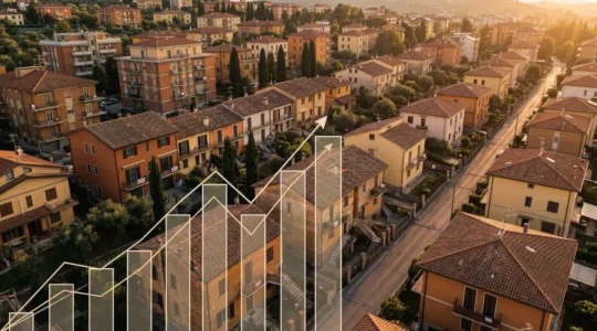 Vista aerea di quartiere residenziale italiano con cartelli vendesi, grafico prezzi sovrapposto