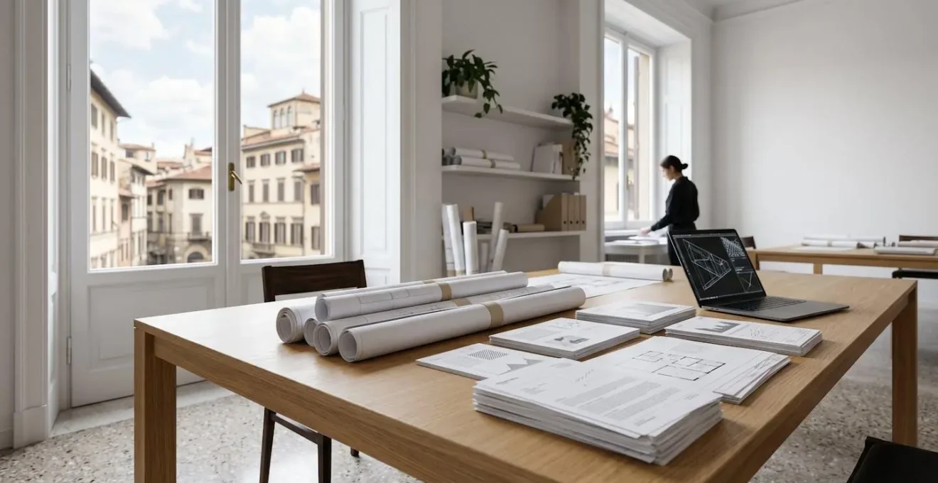 Vista panoramica di ufficio tecnico con documenti catastali e urbanistici