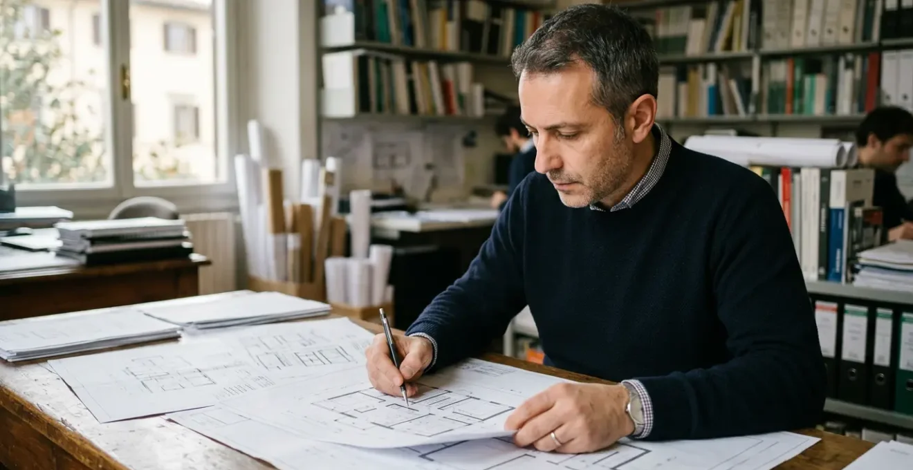 Professionista che studia documenti edilizi e mappe tecniche per verificare conformità del progetto con le norme comunali
