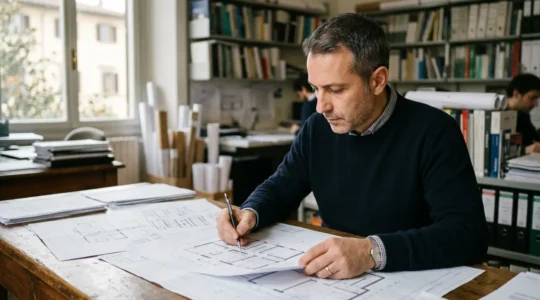 Professionista che studia documenti edilizi e mappe tecniche per verificare conformità del progetto con le norme comunali