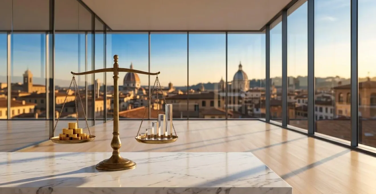 Bilancia in equilibrio tra monete d'oro e grafici ascendenti rappresentanti il rendimento