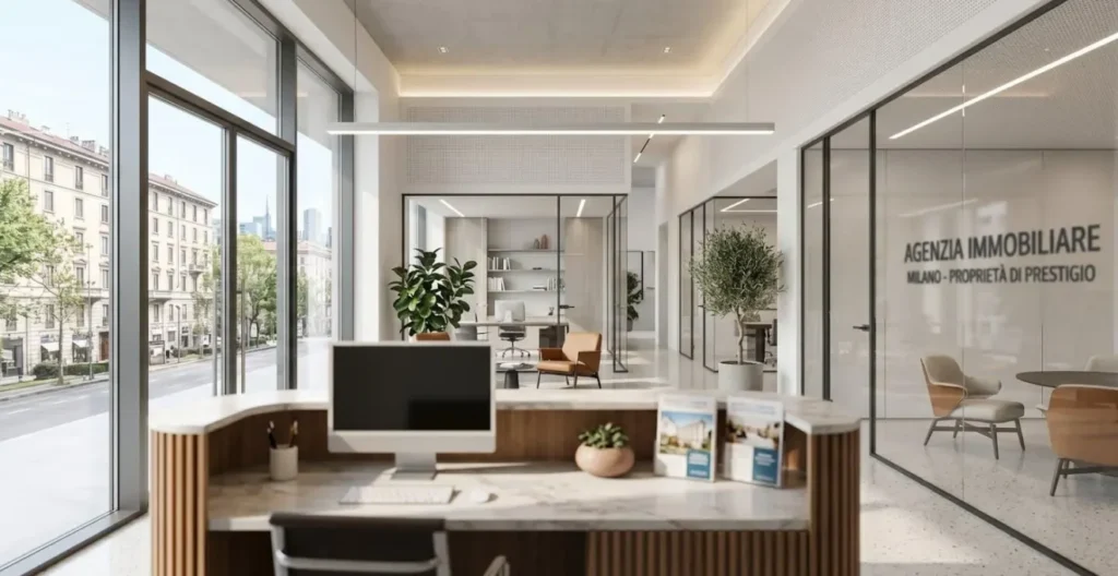 Veduta grandangolare di un ufficio moderno di agenzia immobiliare italiana con reception vuota, materiali informativi completamente sfocati, luce naturale abbondante, design contemporaneo stile Milano Veduta grandangolare di un ufficio moderno di agenzia immobiliare italiana con reception vuota, materiali informativi completamente sfocati, luce naturale abbondante, design contemporaneo stile Milano