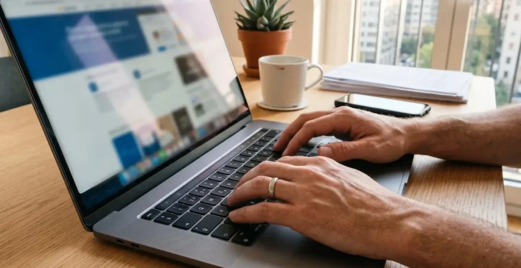Primo piano ravvicinato di mani che digitano su una tastiera di laptop con sito immobiliare italiano visibile sullo schermo ma completamente sfocato, superficie moderna e pulita, luce laterale naturale Primo piano ravvicinato di mani che digitano su una tastiera di laptop con sito immobiliare italiano visibile sullo schermo ma completamente sfocato, superficie moderna e pulita, luce laterale naturale